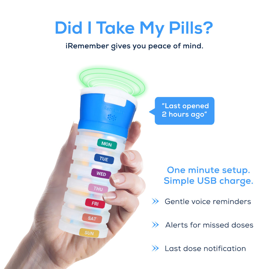 iRemember Talking Pill Cap with 7 Compartments, Speaks Messages to Take Pills and When Last Opened. USB Rechargeable, Bluetooth w/Free App