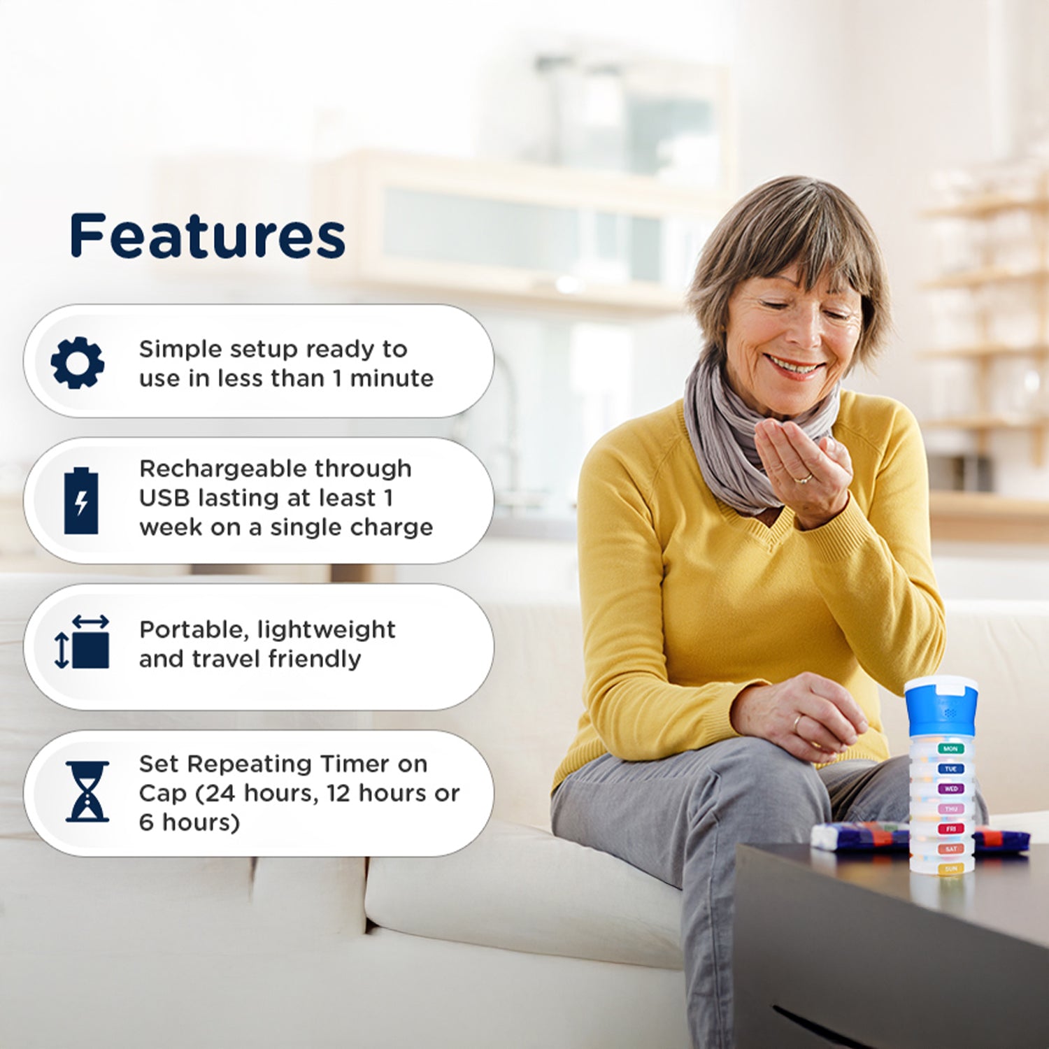 iRemember Talking Pill Cap with 7 Compartments, Speaks Messages to Take Pills and When Last Opened. USB Rechargeable, Bluetooth w/Free App