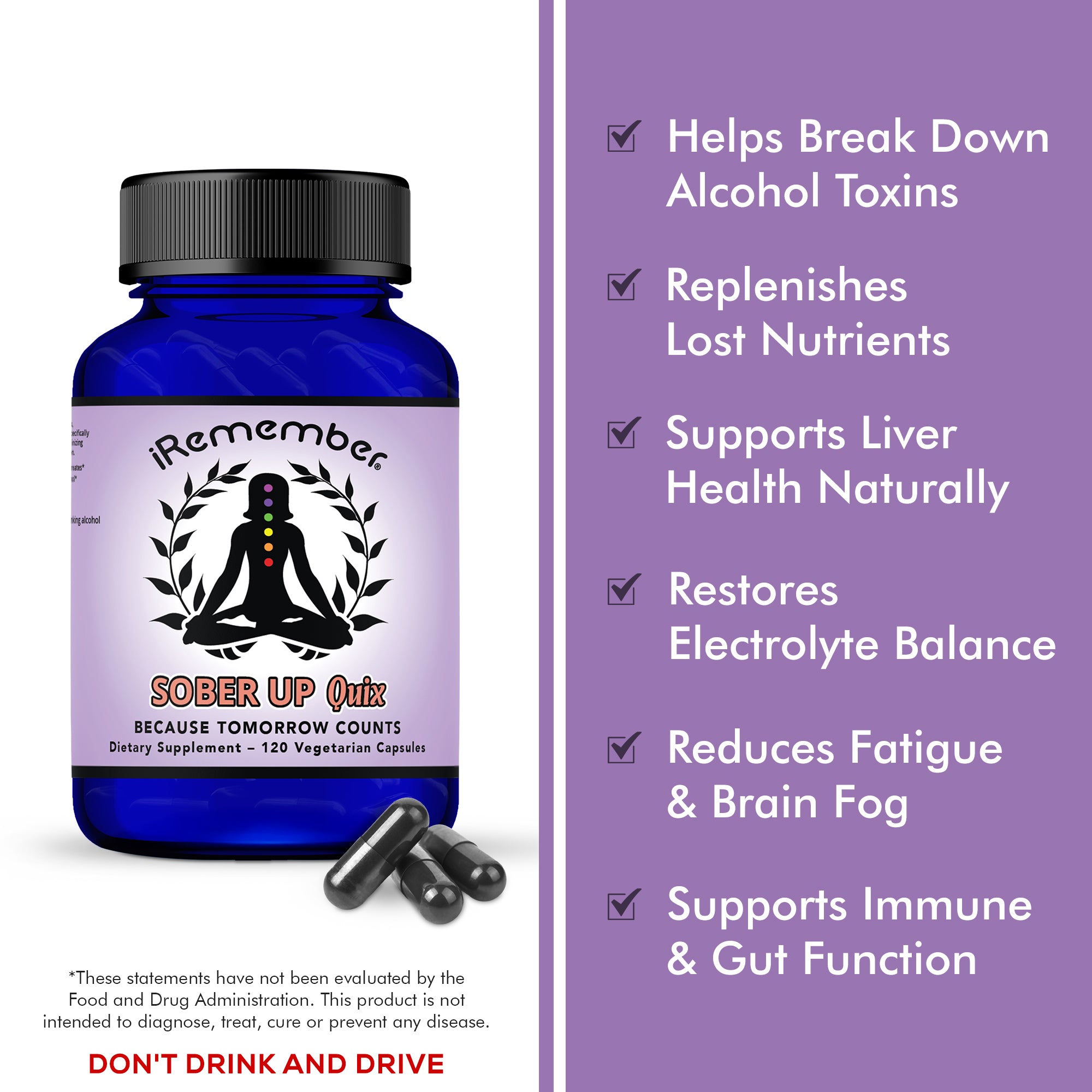 iRemember Next-Day Support Supplement with Electrolytes, L-Cysteine, Vitamin D3, L-Glutamine & Fulvic Minerals | Wellness Recovery & Hydration Balance After Social Drinking | 120 Vegan Capsules